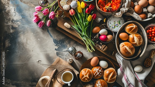Easter Brunch Table Flat Lay with Decorated Eggs and Tulips