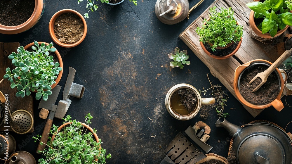 Indoor Gardening Flat Lay with Plants and Herbal Tea Indoor Gardening Flat Lay with Plants and Herbal Tea