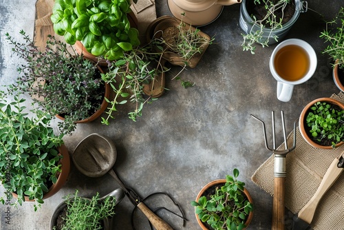 Indoor Gardening Flat Lay with Plants and Herbal Tea