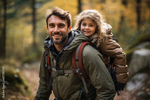 dad carries his daughter behind his back on an autumn forest hike