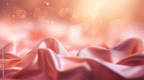 Beautiful golden Valentine's day background with soft pastel pink silk and heart shape bokeh photo