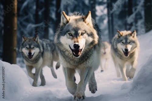 A captivating wildlife photo of a pack of wolves moving through a snowy forest.