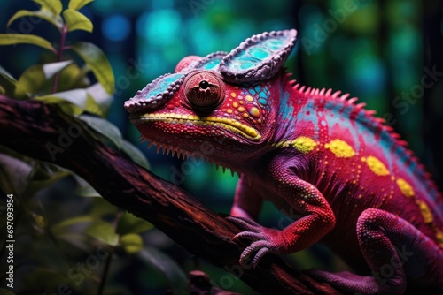 A close-up of a colorful chameleon blending into a vibrant rainforest environment.