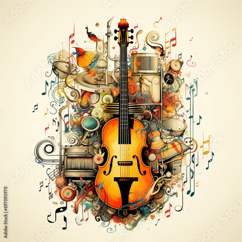 vector art cartoon isolated on colorful, musical image of music symbols, in an interesting colorful composition style, purple and brown, sound, stack/pile, can be used for t-shirts, Generate AI.