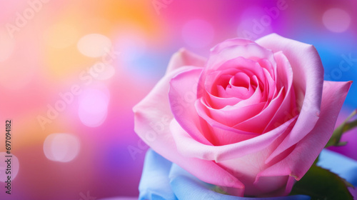 Pink rose petals on a colorful bokeh background.