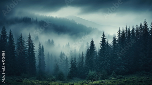 Foggy morning in the mountains. Toned. © tashechka