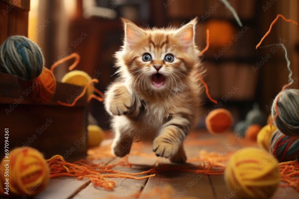 A playful kitten chasing a ball of yarn, full of energy and curiosity.