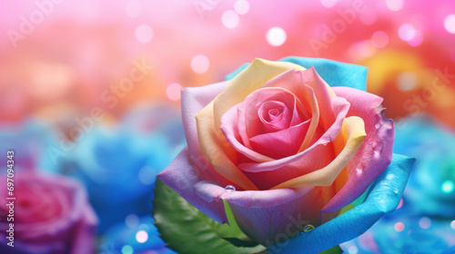 Rainbow roses petals on a colorful bokeh background.