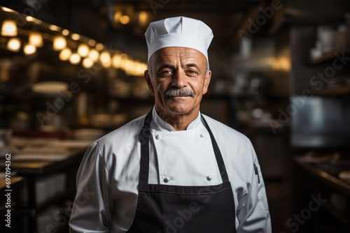 A portrait of a dedicated chef in a bustling restaurant kitchen, orchestrating a busy service.