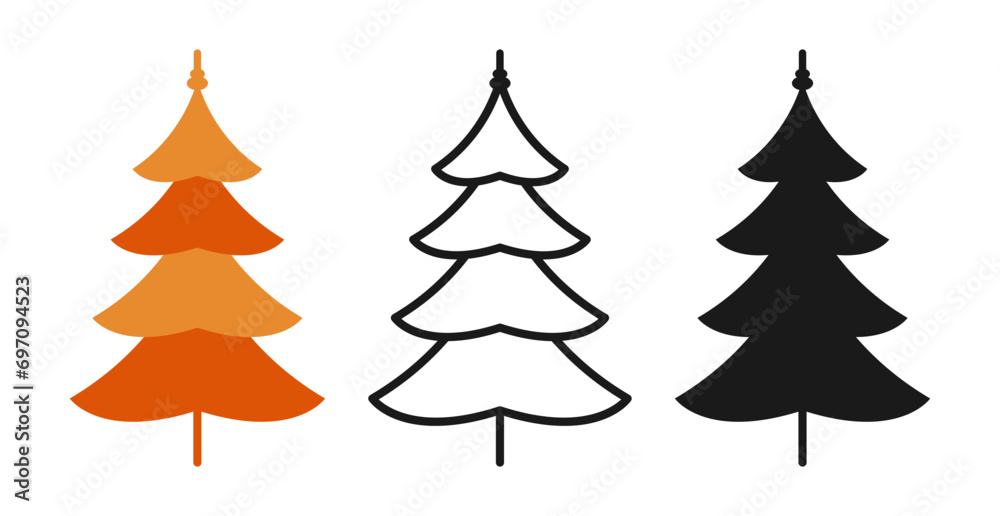Obraz premium Christmas tree traditional symbol cartoon and doodle, stamp stylized set. New Years and xmas pine abstract design for greeting card, invitation, banner, poster. Christmas trees hand drawn woods vector