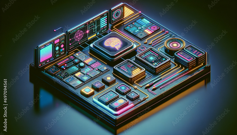 Futuristic AI console with 90s design and neon colors. Futuristic AI console with 90s design and neon colors.