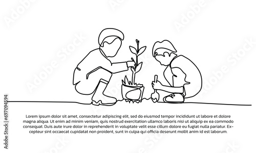 Continuous line design of child is planting plants. Single line decorative elements drawn on a white background.