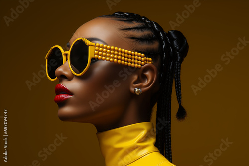 A young African American woman in yellow sunglasses on a dark background.