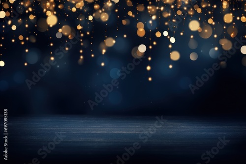 Christmas background with dark blue background with golden lights. © Jelena