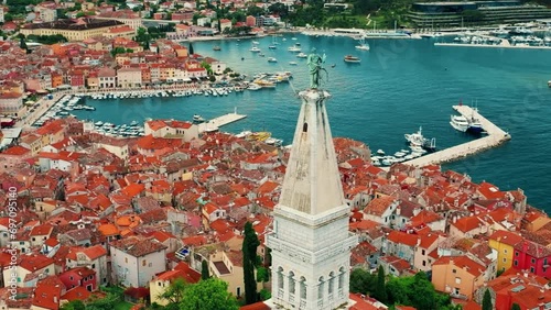 Flight over beautiful Rovinj . Aerial panorama of the old town of Rovinj, Istria, Croatia.
