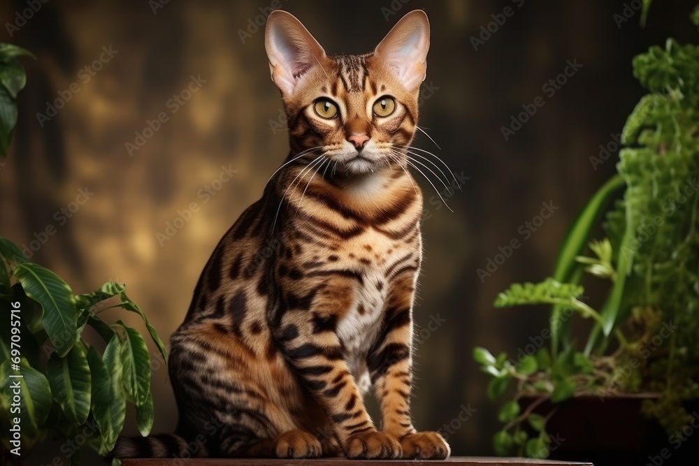 Bengal cat in an elegant pose, showcasing beauty and grace. Bengal cat in an elegant pose, showcasing beauty and grace.
