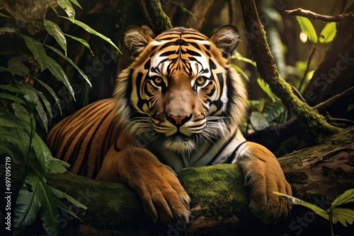 Bengal tiger resting in a forest, illustrating the majesty and tranquility of the wild. © Jelena