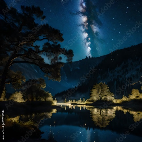 Wallpaper Mural Mountain Silhouettes: The Enchanting Nighttime Vista by the Lake Torontodigital.ca