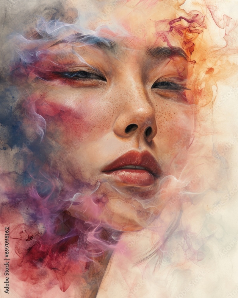 Vibrant Ethereal Surrealism: Innovative Digital Portrait of Asian Beauty in Colorful Smoke and Paint - Futuristic Art Piece Inspiring Creativity and Imagination. Generative AI Vibrant Ethereal Surrealism: Innovative Digital Portrait of Asian Beauty in Colorful Smoke and Paint - Futuristic Art Piece Inspiring Creativity and Imagination. Generative AI