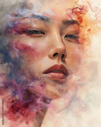 Vibrant Ethereal Surrealism: Innovative Digital Portrait of Asian Beauty in Colorful Smoke and Paint - Futuristic Art Piece Inspiring Creativity and Imagination. Generative AI