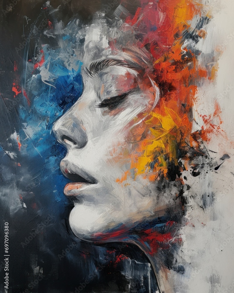 Mesmerizing Surrealistic Art Piece: Captivating Female Face Amidst Colorful Smoke and Paint - Digital Artistic Vision with Vibrant Abstract Expressionism and Ethereal Whimsy. Generative AI