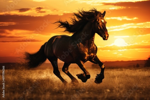 Majestic horse galloping in a field at sunset.