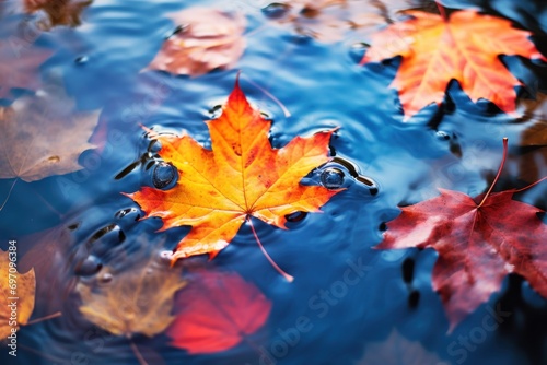 Colorful fall leaves in pond lake water, floating autumn leaf.