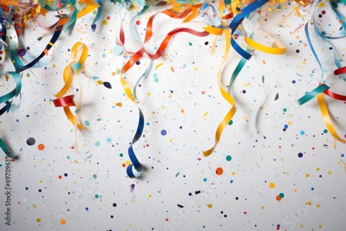 Coloured confetti and streamers as a white New Year's background.