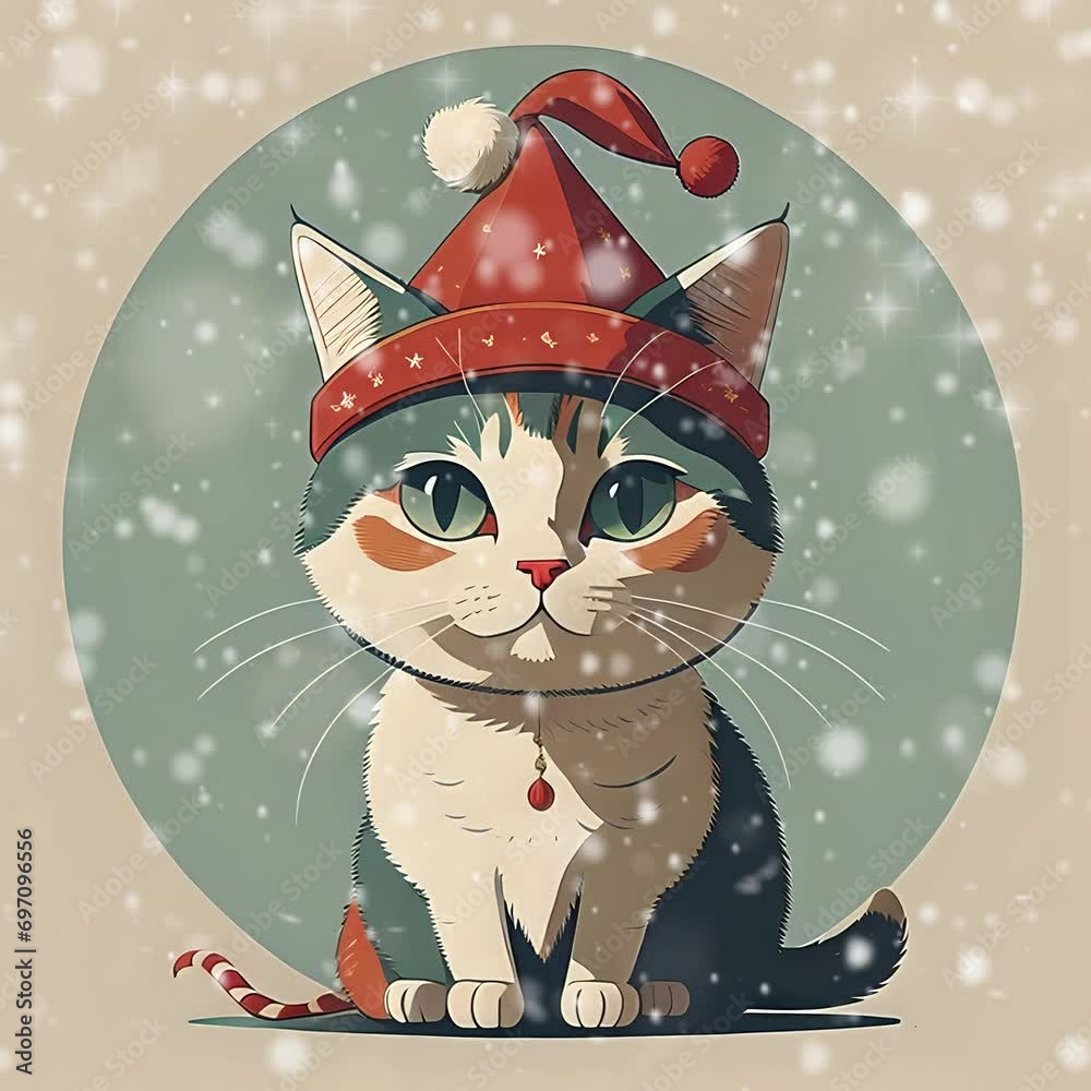 cat with christmas hat, merry christmas, merry, merry christmas video