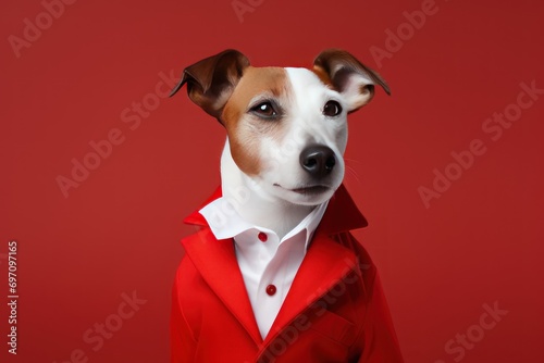 Jack Russel Terrier in fashionable outfits, isolated on a solid background.