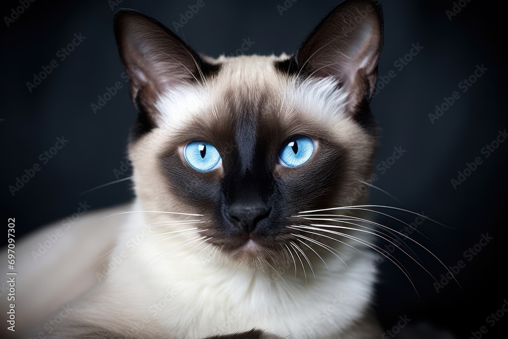 Siamese cat with striking blue eyes, capturing elegance and mystery.