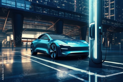 Sleek electric car charging at a station in a modern city. © Jelena