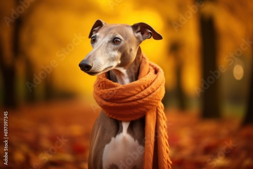 Sleek greyhound in a fashionable scarf posing in an autumn park. © Jelena