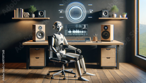 Contemporary robot fine-tuning music composition in sleek home studio with AI technology.