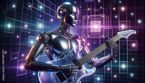 Futuristic AI robot playing transparent electric guitar in retro neon background.