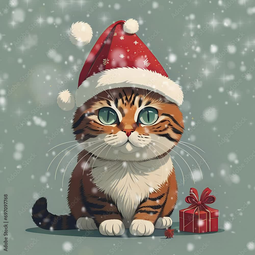 cat with christmas hat, merry christmas, merry, merry christmas video