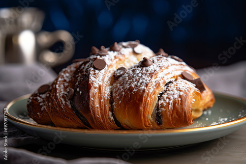 A Swiss chocolate croissant sprinkled with powdered sugar.  Generative AI 