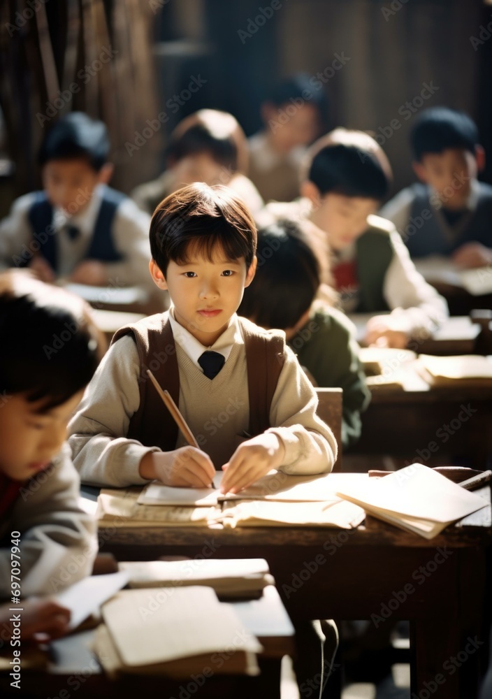 Young asian boy sitting at desk writing in notebook. Generative AI. Young asian boy sitting at desk writing in notebook. Generative AI.