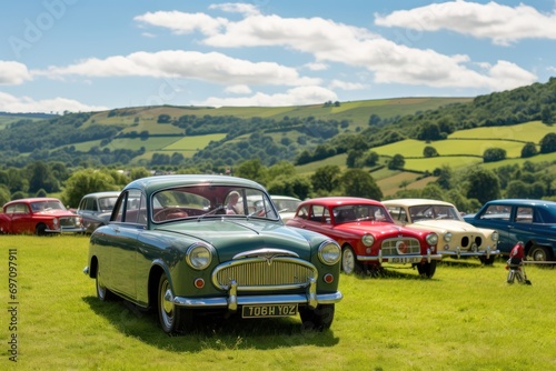 Vintage car rally in a picturesque countryside setting. © Jelena