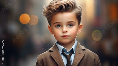 A young boy in a suit and tie. Generative AI.