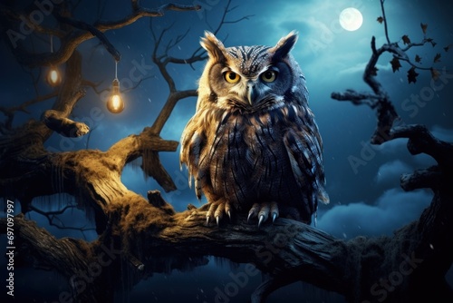 Wise old owl perched on a branch in the moonlight. © Jelena