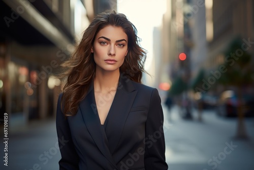 Young professional woman in a sleek suit, walking confidently in a city.
