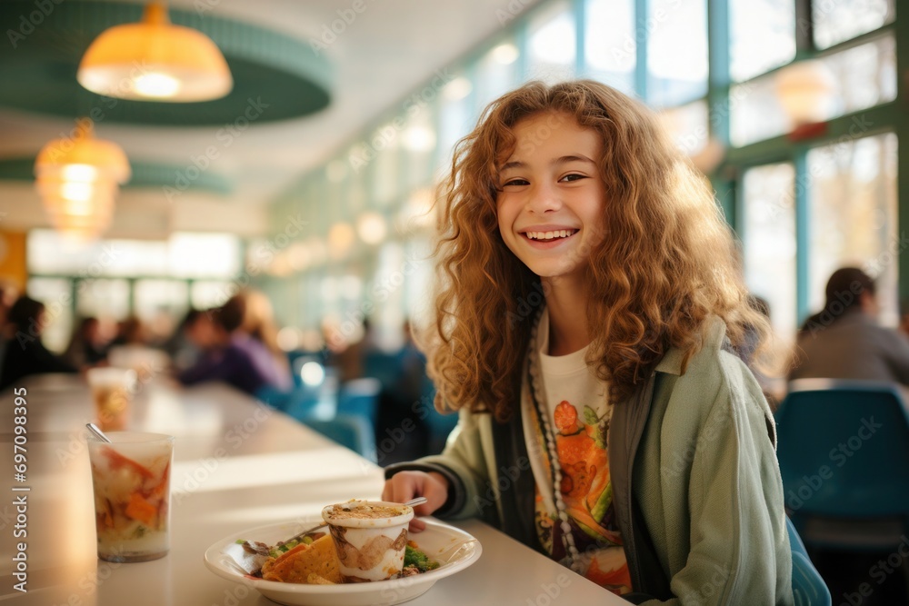  A young girl with curly hair smiles joyfully at lunch in the school cafeteria