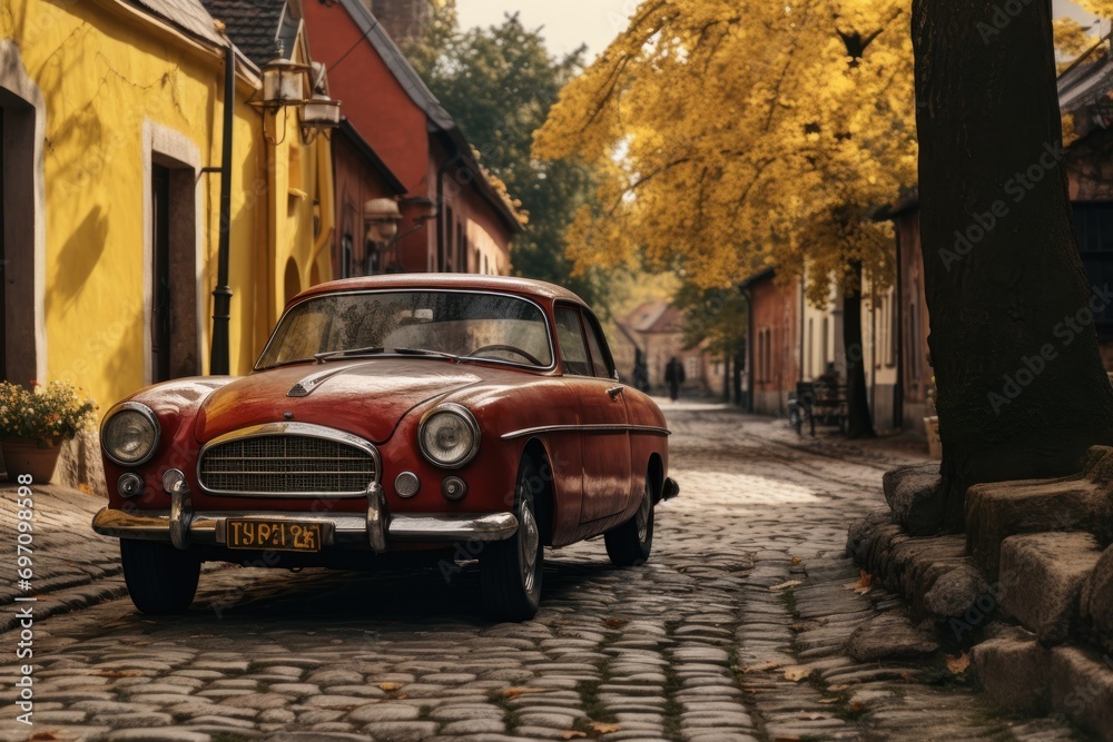 Vintage car parked on a cobblestone street in an old European town.