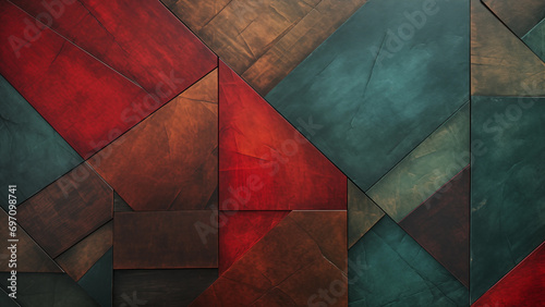 Modern Geometric Rug with Glazed and Rustic Texture in Light Red and Dark Emerald