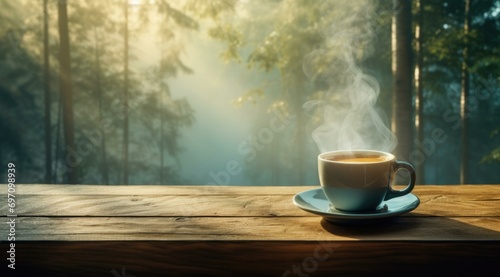 A steaming coffee cup sits on a wooden table amidst a sunlit forest. Generative AI.
