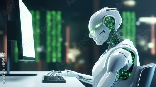 Green and white Ai robot think and looking on monitor creen computer working ,high-tech artificial intelligence robot concept. Generative Ai