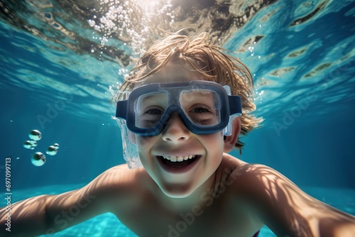 A happy boy swims and dives underwater, wearing diving glasses. having fun in the pool underwater. Active healthy lifestyle, water sports and swimming lessons during the summer holidays