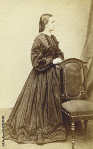 Antique 1860's CDV Photo Beautiful Woman Standing in Hoop Skirt