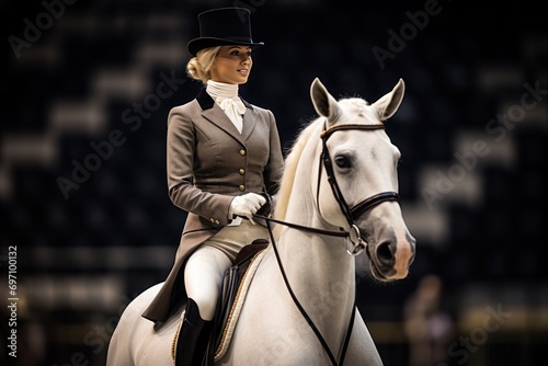 A poised equestrian in formal attire competes in a dressage event on a majestic white horse.
